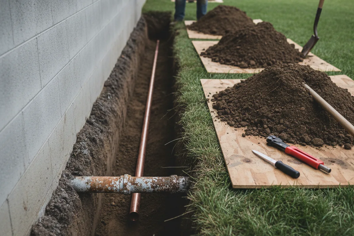 Excavated water line trench during Water Softener Installation in Temperance